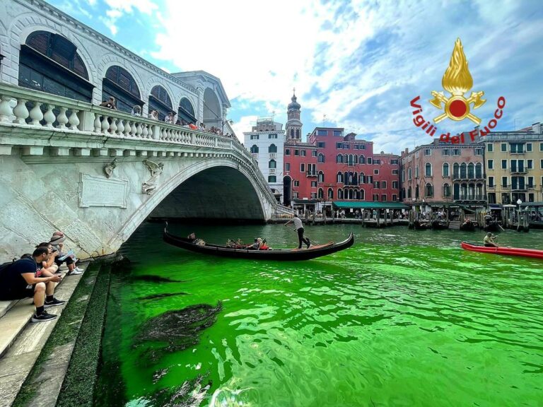 Venezia, il Canal Grande si colora di verde – Video