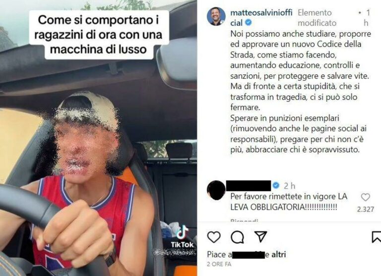 Incidente Roma, Salvini posta video del tiktoker sulla Lamborghini