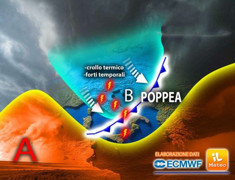 Meteo, maltempo con il ciclone Poppea e temperature giù